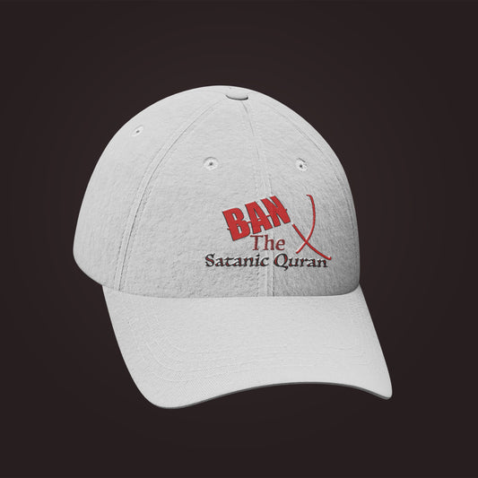 A mockup of a white cap that says "Ban the Satanic Quran"