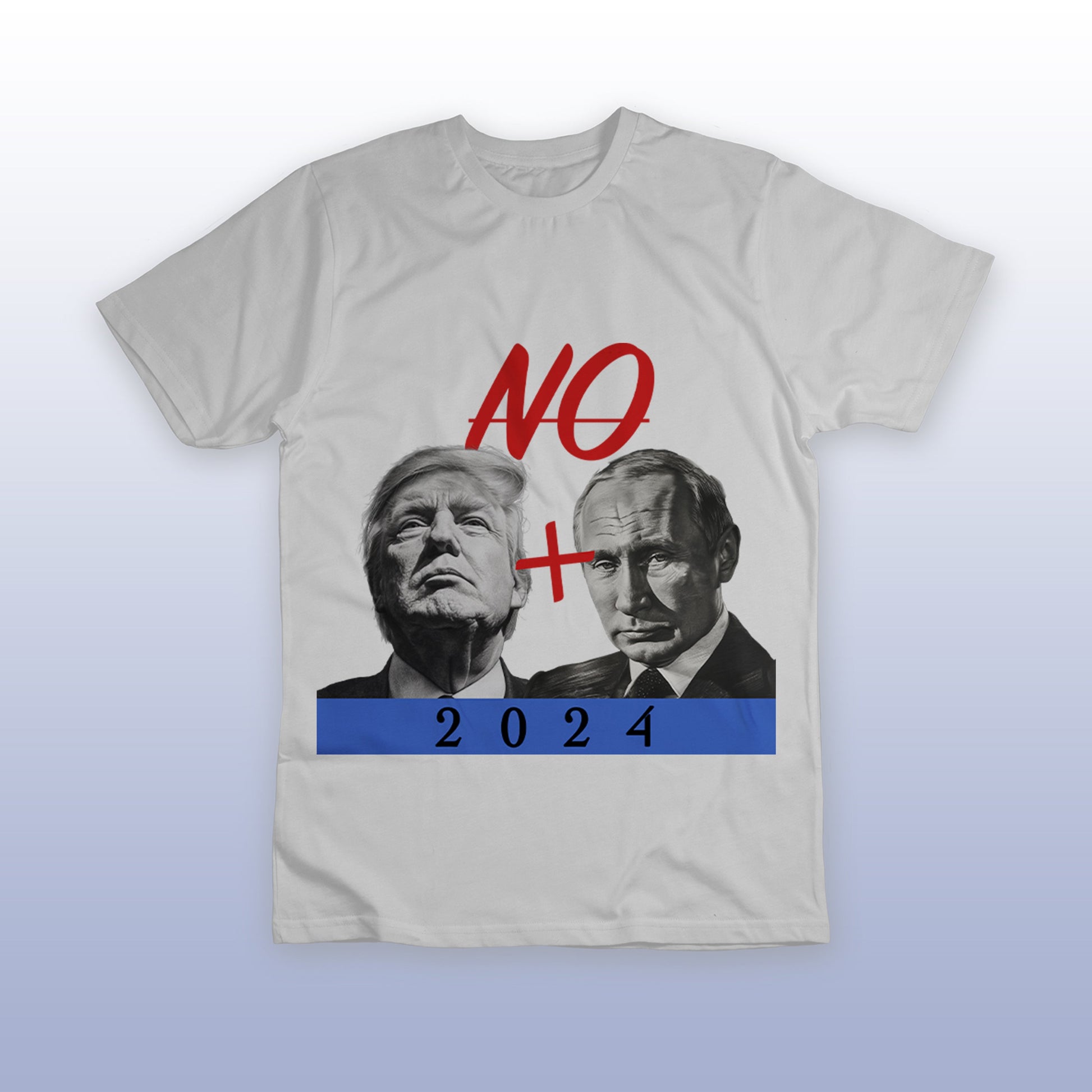 A mockup of a white t-shirt that says "No Trump-Putin 2024"